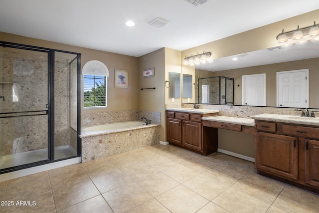 2614 E Carob Dr, Gilbert, AZ 85298 - full bath with double vanity, tile patterned flooring, a bath, a shower stall, and recessed lighting