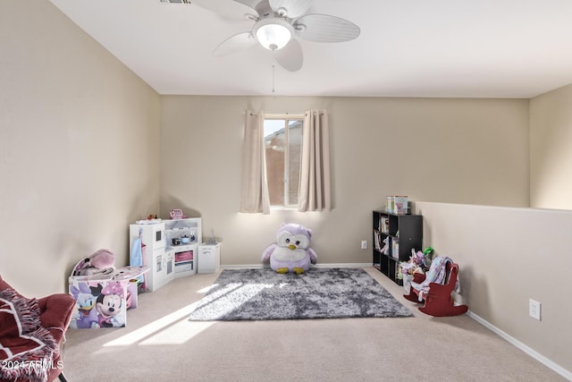 game room with visible vents, baseboards, carpet, and ceiling fan