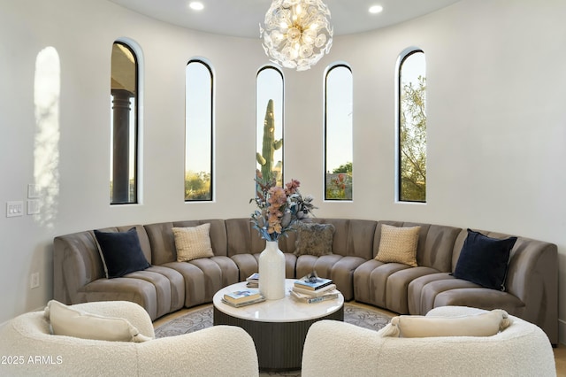 living room with a chandelier