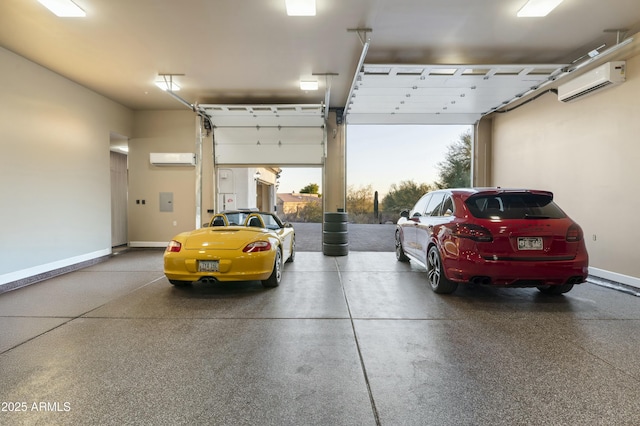 garage at dusk featuring an AC wall unit