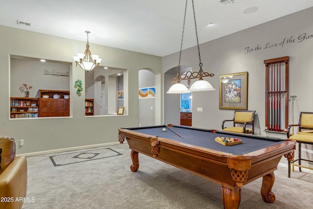 rec room with carpet floors, visible vents, and pool table