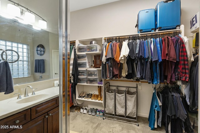 bathroom with a spacious closet and vanity