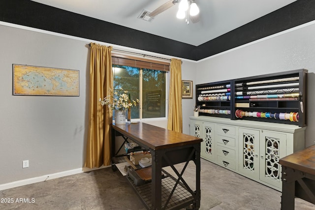 office featuring baseboards, visible vents, and a ceiling fan