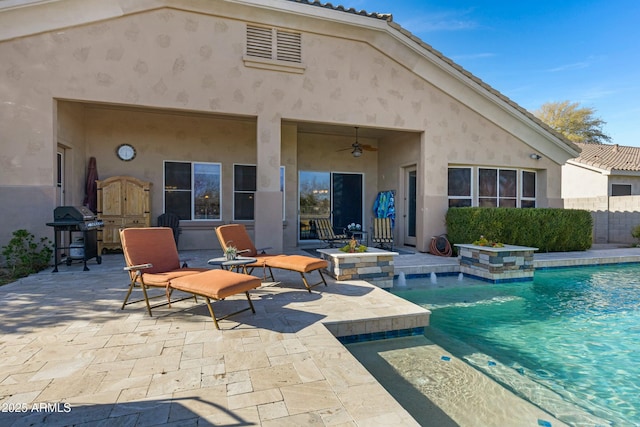 view of pool featuring a fenced in pool, grilling area, a patio area, ceiling fan, and fence