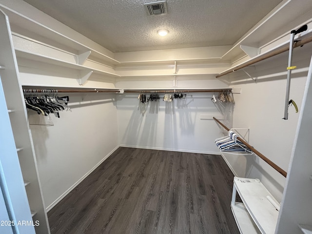 walk in closet with dark hardwood / wood-style flooring