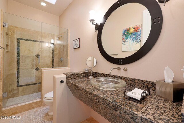 bathroom featuring sink, a shower with shower door, and toilet