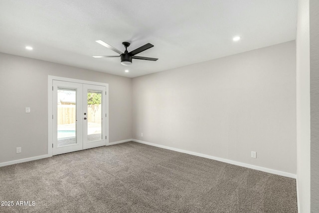 spare room with french doors, recessed lighting, carpet flooring, ceiling fan, and baseboards