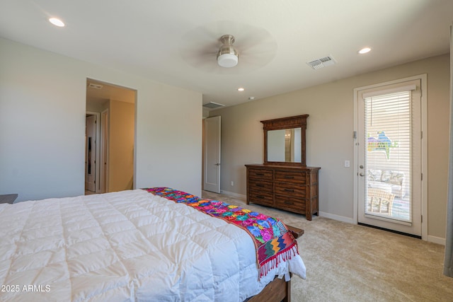 bedroom with ceiling fan, carpet, recessed lighting, and visible vents
