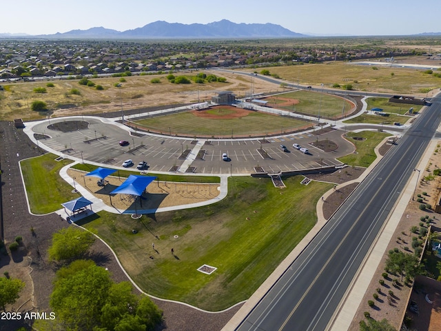drone / aerial view featuring a mountain view