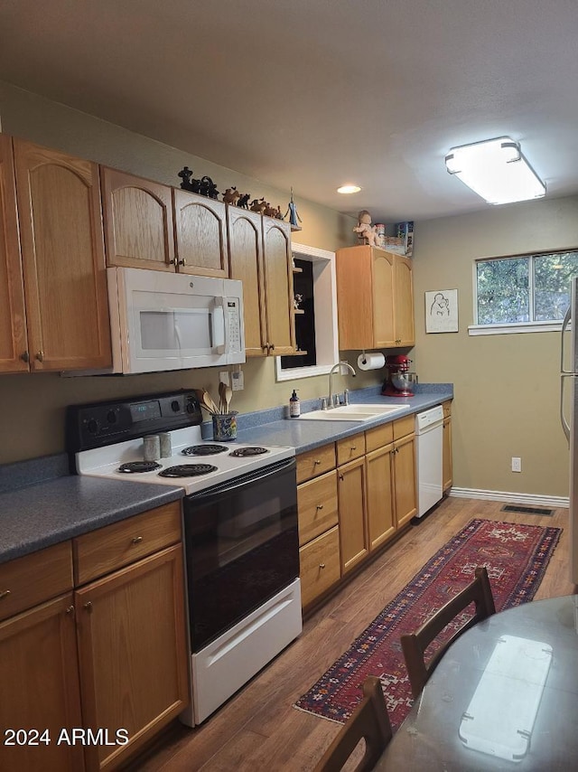 kitchen with sink, hardwood / wood-style floors, and white appliances