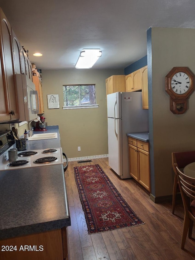 kitchen featuring stainless steel appliances, sink, dark wood-type flooring, and light brown cabinets