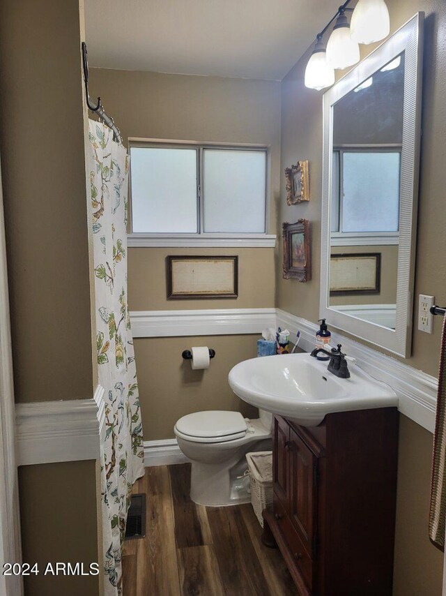 bathroom featuring vanity, hardwood / wood-style flooring, toilet, and plenty of natural light