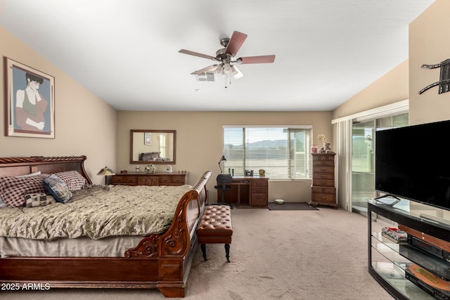 bedroom featuring access to exterior, light colored carpet, visible vents, a ceiling fan, and vaulted ceiling