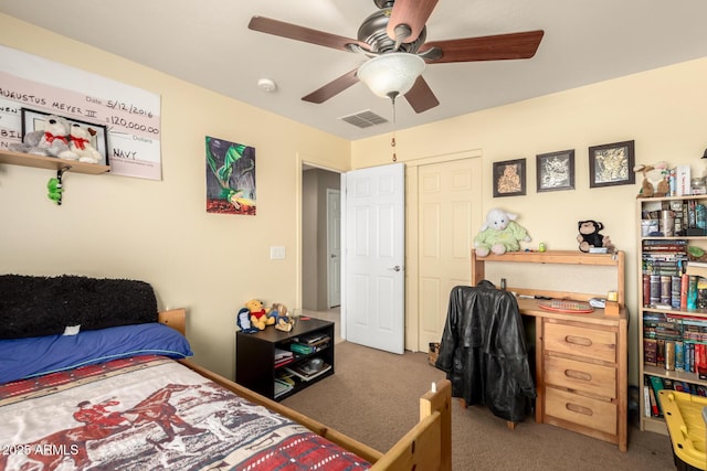 bedroom featuring a ceiling fan, carpet, and visible vents