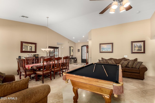 game room with ceiling fan, arched walkways, billiards, visible vents, and vaulted ceiling