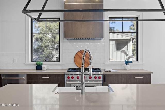 kitchen featuring dark brown cabinetry, stainless steel range, and decorative backsplash