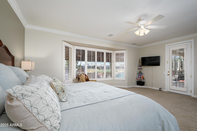 carpeted bedroom with access to outside, ceiling fan, and crown molding