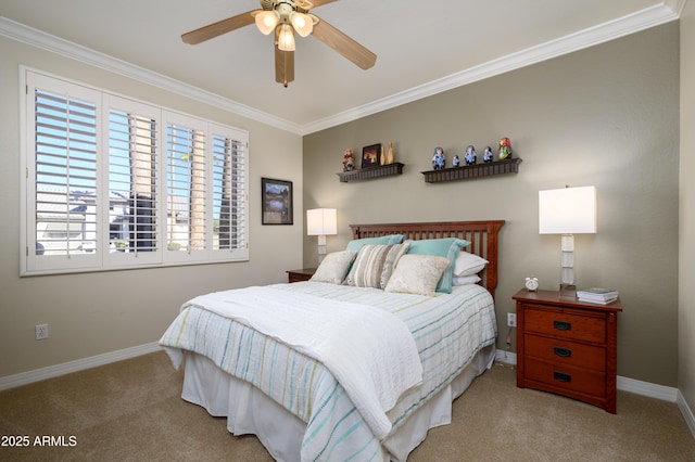 bedroom with ceiling fan, light colored carpet, and ornamental molding