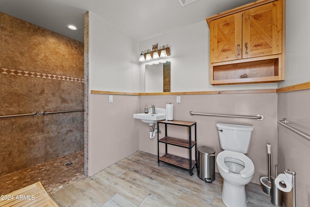 full bathroom with wood finished floors, a sink, toilet, and a walk in shower