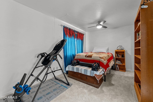 bedroom featuring ceiling fan, baseboards, and carpet flooring