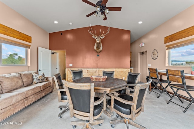 dining room with finished concrete flooring, ceiling fan, and recessed lighting