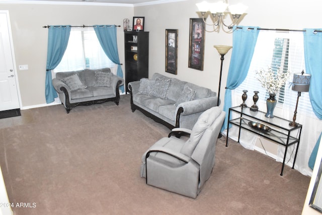 carpeted living room with an inviting chandelier and ornamental molding