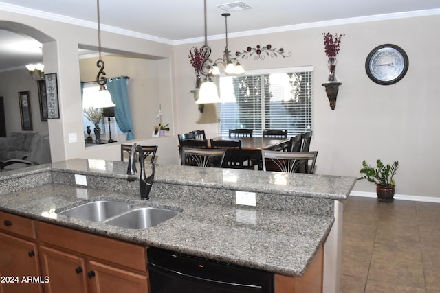 kitchen featuring dishwasher, stone countertops, a chandelier, and sink