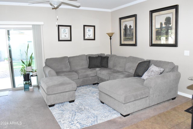 tiled living room with crown molding and ceiling fan