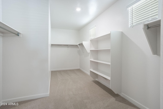 walk in closet featuring light carpet