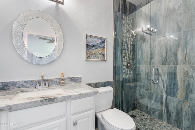 full bath featuring toilet, a shower stall, tile walls, and vanity