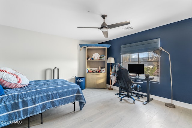 bedroom featuring ceiling fan, wood finished floors, visible vents, and baseboards