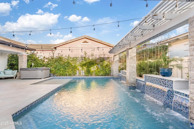 outdoor pool with a patio, a fenced backyard, and a hot tub