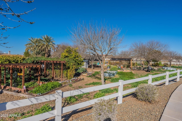 view of yard with a garden, fence, and a pergola