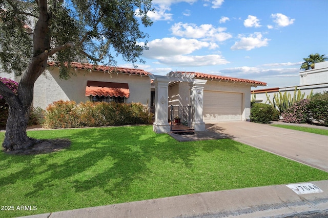 mediterranean / spanish-style home with concrete driveway, stucco siding, a tiled roof, and an attached garage