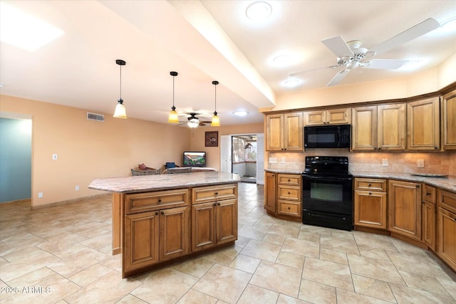 kitchen with tasteful backsplash, brown cabinets, black appliances, and ceiling fan