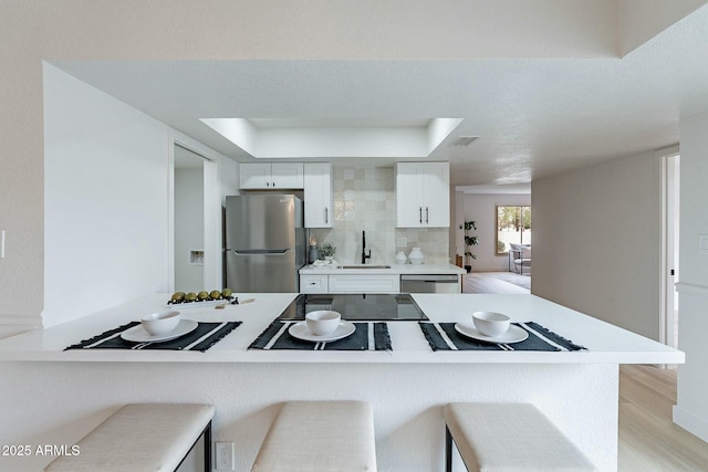 kitchen with a sink, tasteful backsplash, stainless steel appliances, light wood finished floors, and a raised ceiling