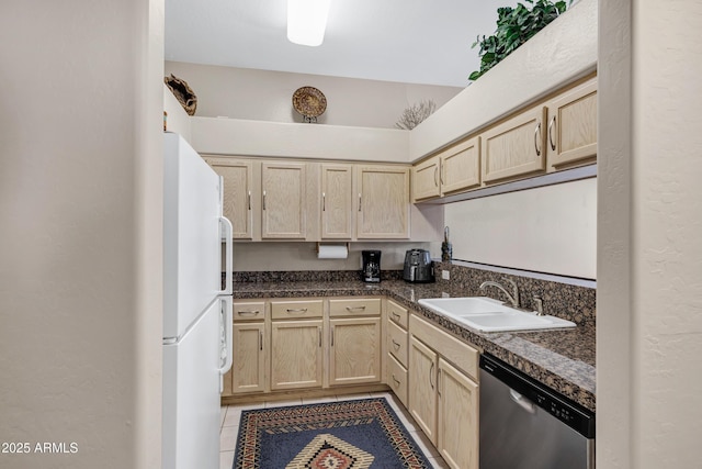 16357 E Arrow Dr Unit 115, Fountain Hills, AZ 85268 - kitchen with dishwasher, light brown cabinets, a sink, and freestanding refrigerator