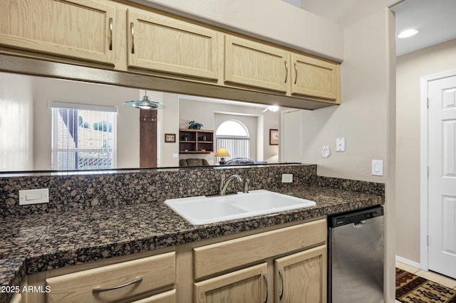 16357 E Arrow Dr Unit 115, Fountain Hills, AZ 85268 - kitchen with stainless steel dishwasher, light brown cabinets, a sink, tile countertops, and recessed lighting