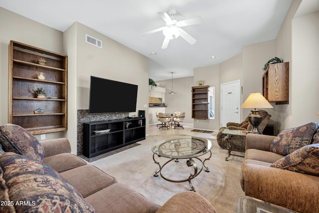16357 E Arrow Dr Unit 115, Fountain Hills, AZ 85268 - living area with a ceiling fan, carpet, lofted ceiling, and baseboards