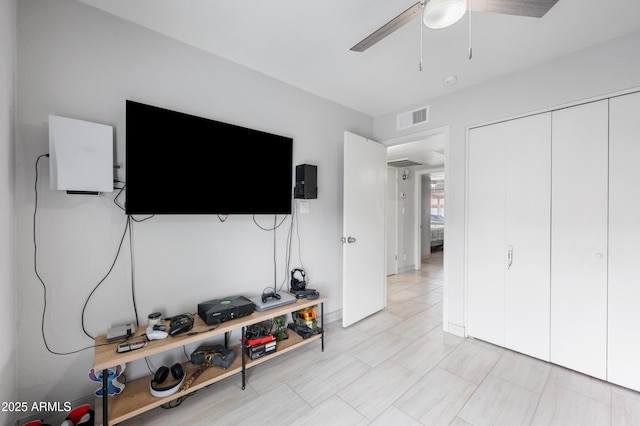 interior space featuring visible vents and ceiling fan