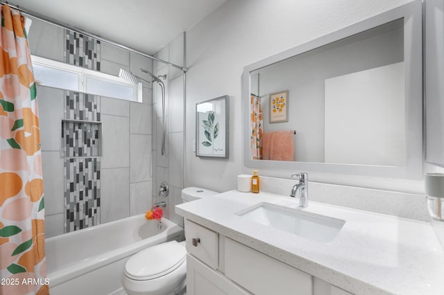 bathroom featuring vanity, toilet, and shower / bathtub combination with curtain