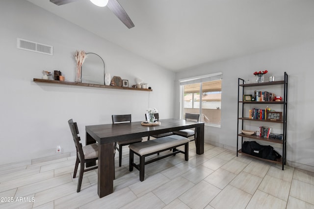 dining area featuring visible vents, baseboards, and ceiling fan