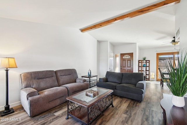 living room with lofted ceiling with beams, wood finished floors, and a ceiling fan