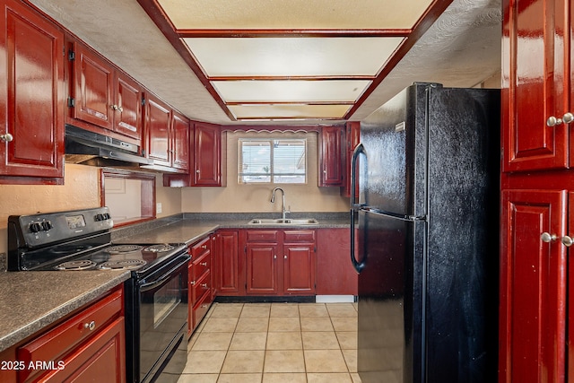 kitchen with sink, light tile patterned floors, and black appliances