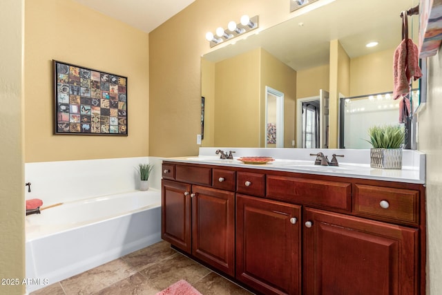 full bath with double vanity, an enclosed shower, a sink, and a bath