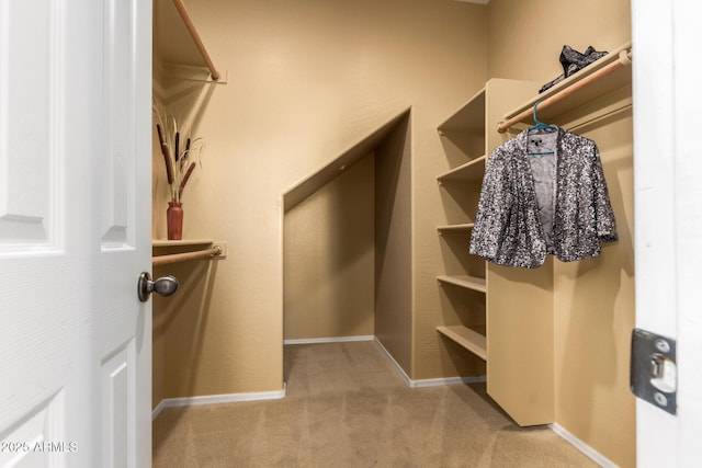 walk in closet with light colored carpet