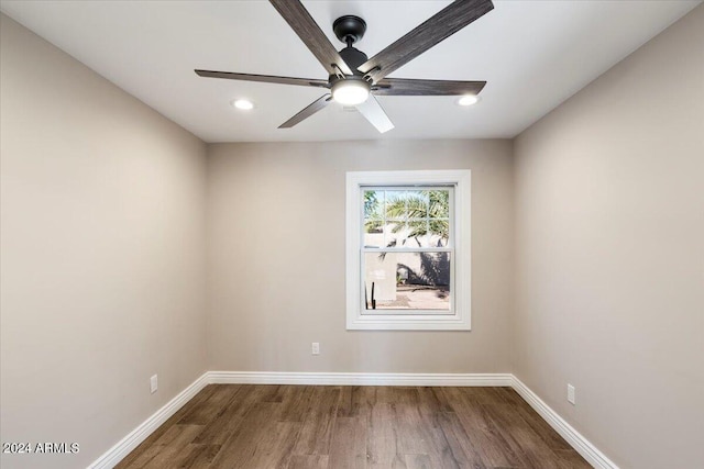 unfurnished room featuring recessed lighting, wood finished floors, baseboards, and ceiling fan