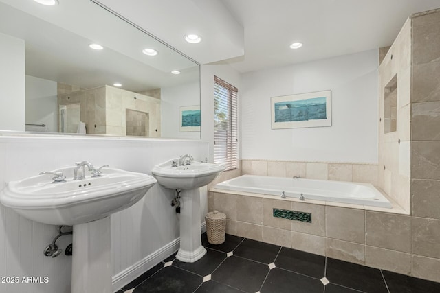 full bathroom featuring a garden tub, recessed lighting, tile patterned flooring, and a tile shower