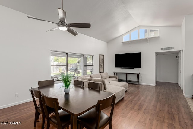 dining space featuring a ceiling fan, high vaulted ceiling, visible vents, and baseboards