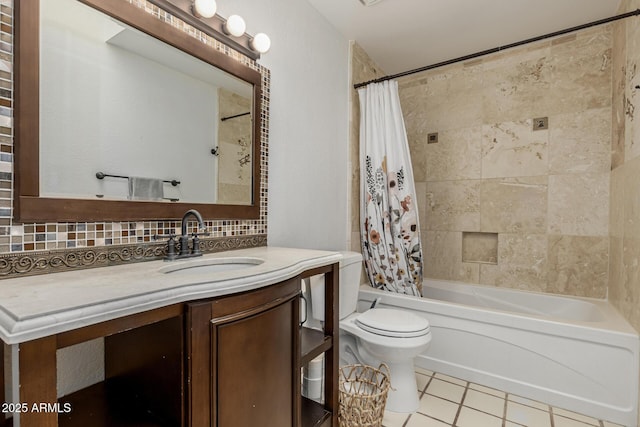 full bath with shower / bath combo with shower curtain, vanity, toilet, tile patterned floors, and tasteful backsplash